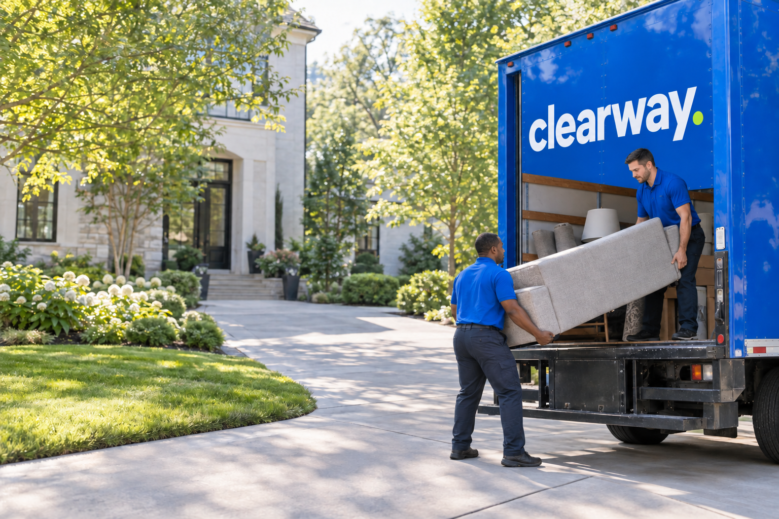 Clearway crew carrying a sofa to their branded truck